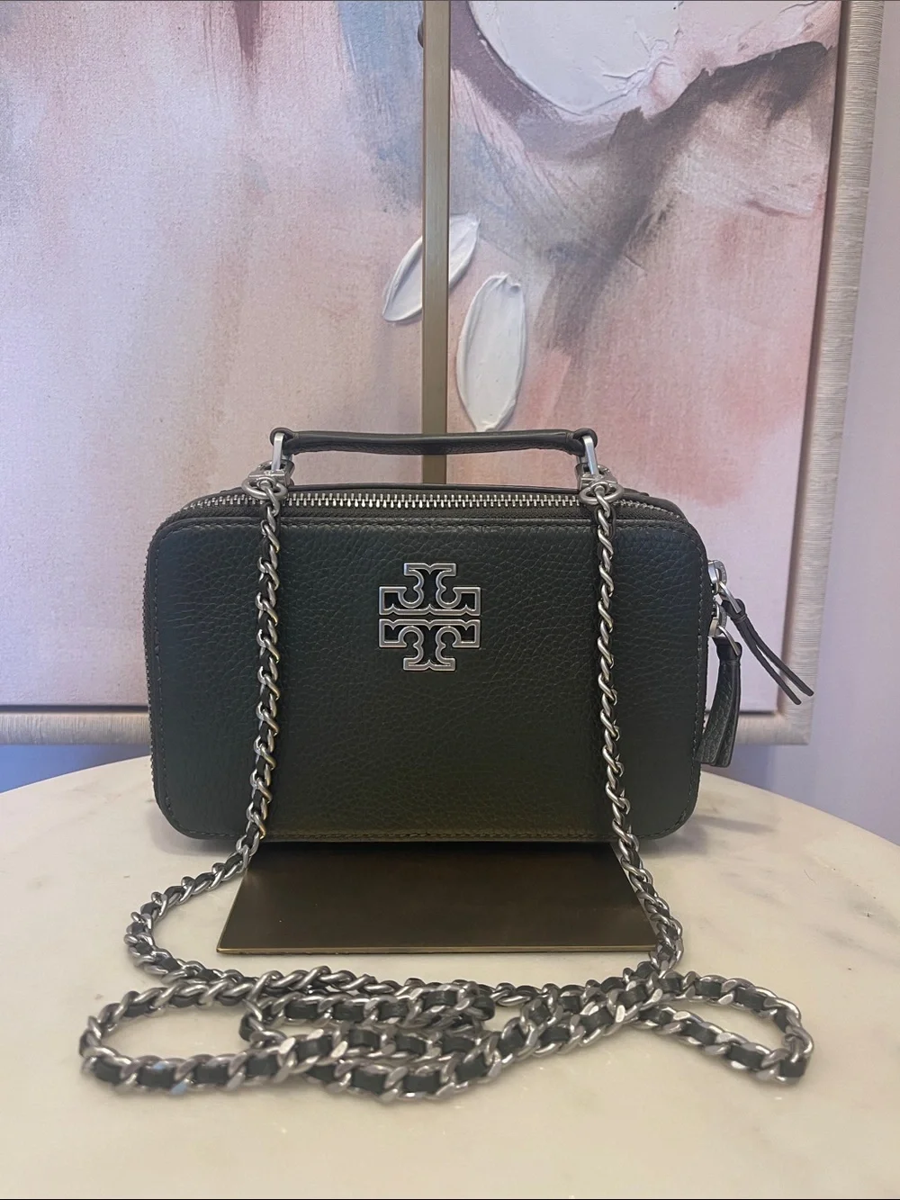 Tory Burch Dark Green Britten Leather Top-Handle Bag with Chain